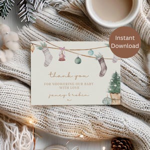 Une joyeuse petite carte de remerciement pour baby shower, carte de baby shower de Noël, baby shower au pays des merveilles de l'hiver, père Noël, douche de sapin de Noël, MLB