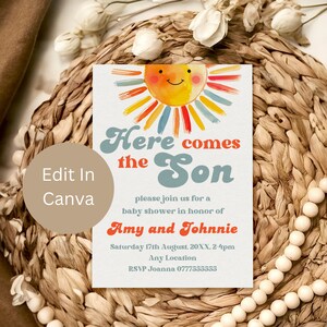 Here Comes The Son, Sunshine Baby Shower Invitation, Editable Printable Template, Sun Theme, Here Comes The Sun Baby Shower Invite, LB1006