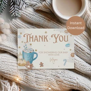 Carte de remerciement pour baby shower d'hiver, bébé il fait froid dehors, baby shower au chocolat chaud, cacao chaud, pain d'épice, baby shower de Noël, LB0043
