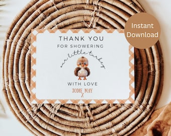 Tarjeta de agradecimiento para baby shower con un pequeño pavo, baby shower de Acción de Gracias, El pequeño pavo está en camino, baby shower de otoño, plantilla editable, LLT