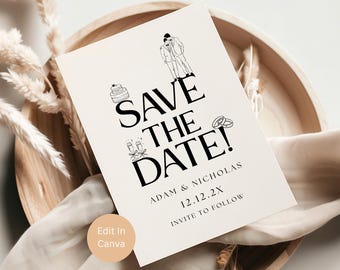 LGBTQ+ Wedding Save The Date, Editable Template For Unique Same Sex Weddings, Gay wedding, Nicholas