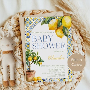 Mediterranean Tile Baby Shower Invitation, Italian Baby Shower, Lemon Blue Tiles Baby Shower template, Lemon Citrus tile, Amalfi Coast, MLT