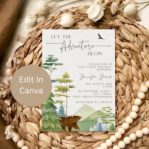 Let The Adventure Begin Baby Shower Invitation, Mountain Baby Shower Invite, National Park Baby Shower, Forest, Woodland Baby Shower, LB1001