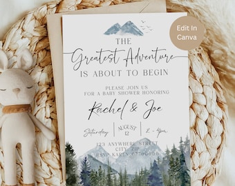May include: A baby shower invitation with a watercolor illustration of mountains and a forest. The text reads "The Greatest Adventure is About to Begin" and includes the names "Rachel & Joe", the date "August 12", and the time "2-4pm".