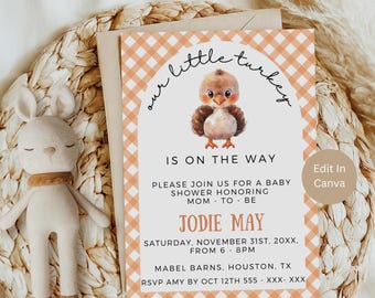 Una pequeña invitación de baby shower de pavo, baby shower de Acción de Gracias, pequeño pavo está en camino, baby shower de otoño, plantilla editable, LLT