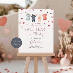 Plaque de bienvenue pour baby shower Petite chérie, Shower de bébé pour la Saint-Valentin, enseigne imprimable, modèle modifiable, thème coeurs, conception chérie, LSW