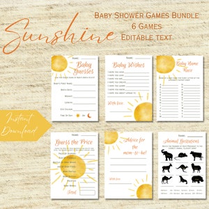 Sunshine baby shower games bundle, sun theme editable games bundle, little ray sun baby shower printable , 6 games, gender neutral,  LB0012