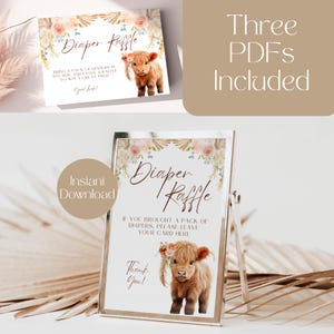 Baby-Dusche-Windel-Verlosung Zeichen und Raffle-Los, Boho Highland Kuh-Baby-Dusche-Windel-Verlosung, Windel-Verlosungskarte, Instant Download, LB1003