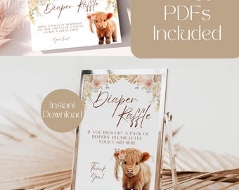 Baby Shower Diaper Raffle Sign And Raffle Ticket, Boho Highland Cow Baby Shower Diaper Raffle, Diaper Raffle Card, Instant Download, LB1003