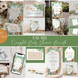 Safari Baby Shower Party Complete Bundle, editable baby shower invite suite, personalised instant download, jungle baby shower, LB0009