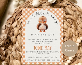 Una pequeña invitación de baby shower de pavo, baby shower de Acción de Gracias, pequeño pavo está en camino, baby shower de otoño, plantilla editable, LLT