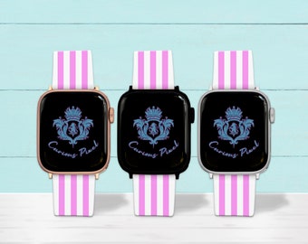 Pink preppy apple watchband custom watch band with trendy pink stripes for apple watch 1 – 8 SE Ultra Rose Gold Black Silver 38 40 42 44 mm