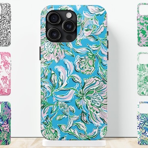 Cute iPhone 15 case blue tropical flower preppy phone case custom tough phone case for iPhone 15 pro max 14 13 pro 12 mini 11 Samsung S24