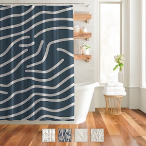 Marineblauw douchegordijn geometrische golflijnkunst moderne boerderij badgordijnen woondecoratie trendy spa badkamer douchegordijn privacyscherm