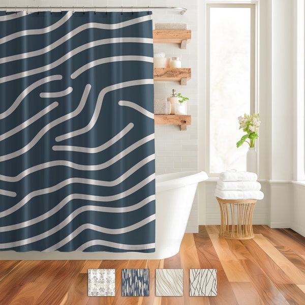 Navy Blue Shower Curtain geometric wave line art modern farm house bath drapes home decor trendy spa bathroom shower curtain privacy screen