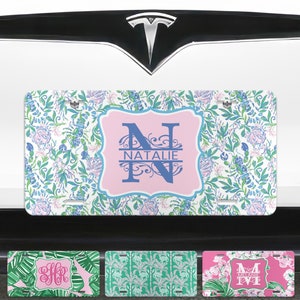 Monogram Vanity License Plate custom initials car tag designer fashion print pink blue green white painted floral personalized front plate