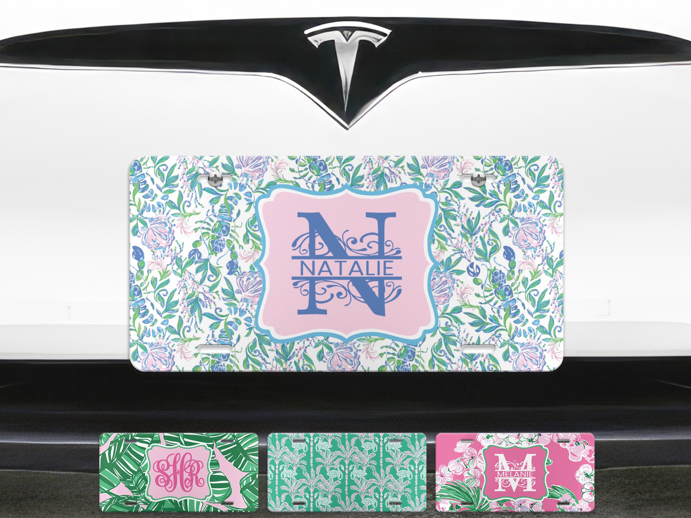 Monogram Vanity License Plate custom initials car tag designer fashion print pink blue green white painted floral personalized front plate
