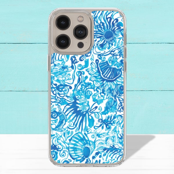 Blue Sea Shell iPhone Case clear seashell print lilly p inspired phone case for iphone 14 13 pro max 12 11 pro trendy fashion magsafe thin