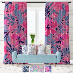 Red Pink Floral Window Curtain custom window covering preppy hand painted flowers farm house shade home decor Sheer or Black out fabric