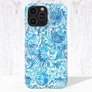 Preppy Cute iPhone Case Clear Blue White Sea Shells Custodia per telefono ispirata a Lilly P per iPhone 14 13 Pro Max 12 11 Pro Fashion Fashion Magsafe