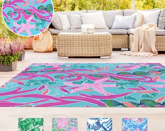 Pink Blue Outdoor Rug starfish seaweed waterproof carpet patio living room back yard deck tropical decor farmhouse style accent rug door mat