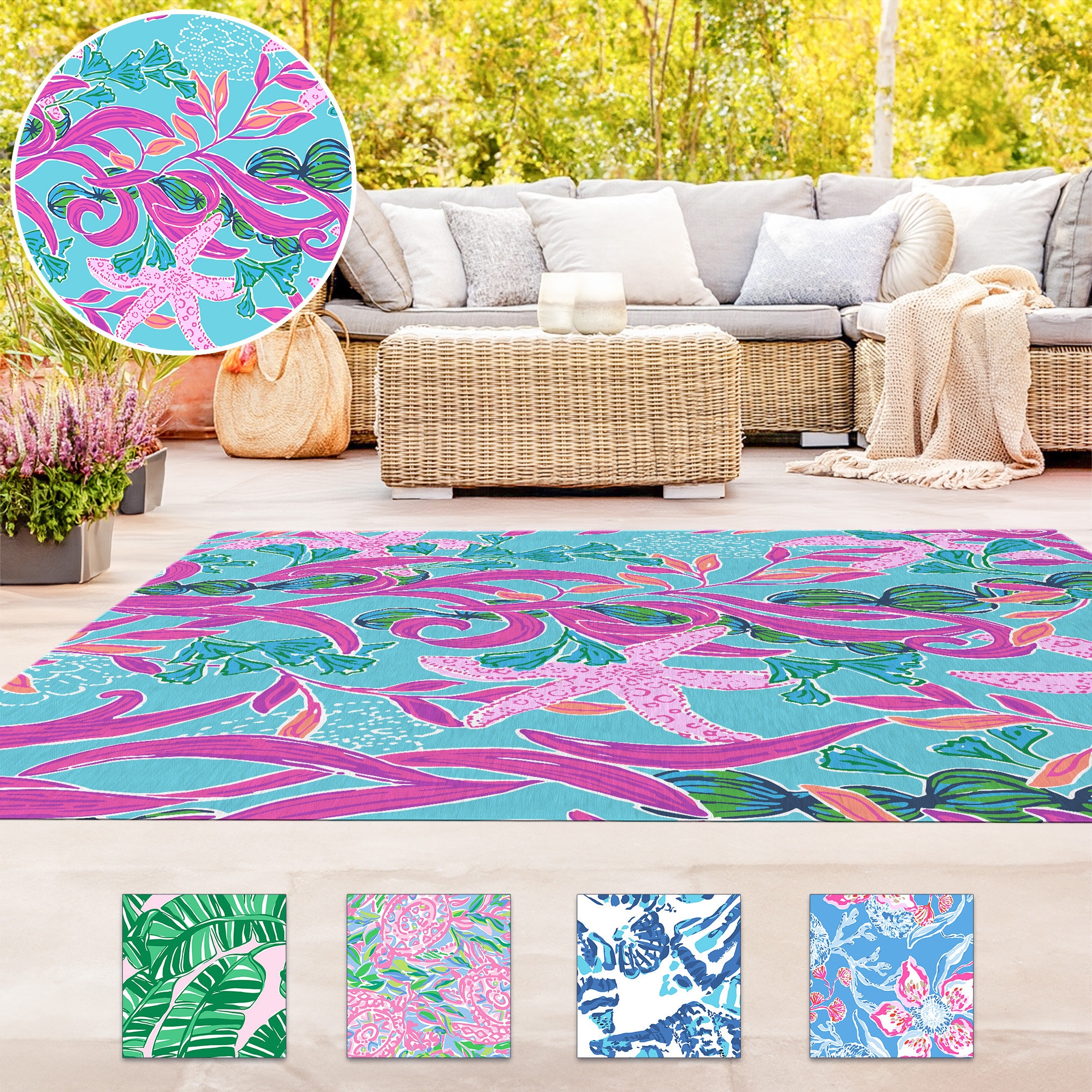 Pink Blue Outdoor Rug Starfish Seaweed Waterproof Carpet Patio