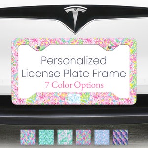 Monogram License Plate Frame for car license plate holder personal name custom preppy watercolor pink blue green orange floral print car tag