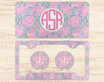 Pink License Plate Frame matching front plate cute preppy sea turtle car coasters monogram car accessories decor gift for her lilly inspired