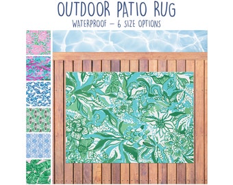 Teal Blue Outdoor Rug Green White waterproof area rug patio carpet for back yard deck preppy flower decor farmhouse style accent door mat