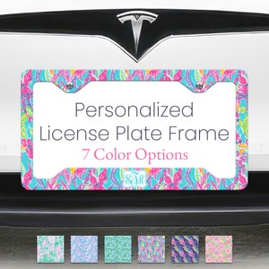 Custom Metal License Plate Frame for car license plate holder personal name monogram preppy watercolor pink blue green orange floral print