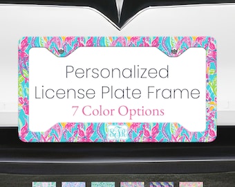 Custom Metal License Plate Frame for car license plate holder personal name monogram preppy watercolor pink blue green orange floral print