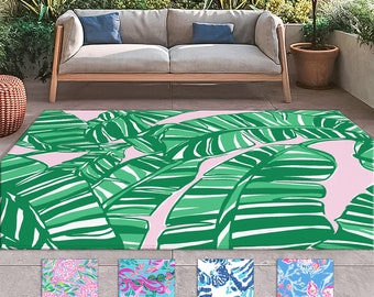 Pink Green Lilly Palm Leaf Outdoor Rug waterproof area rug patio carpet living room back yard deck decor farmhouse style accent rug door mat