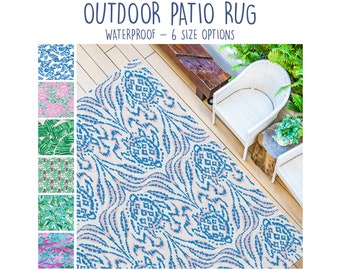 Blue White Outdoor Area Rug waterproof pink sea turtles shells carpet living room back yard deck beach decor farmhouse accent rug door mat