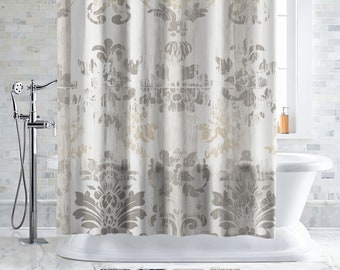 Boho Shower Curtain modern farm house bath drapes home decor trendy spa bathroom shower curtain beige gold cream distressed ornate damask