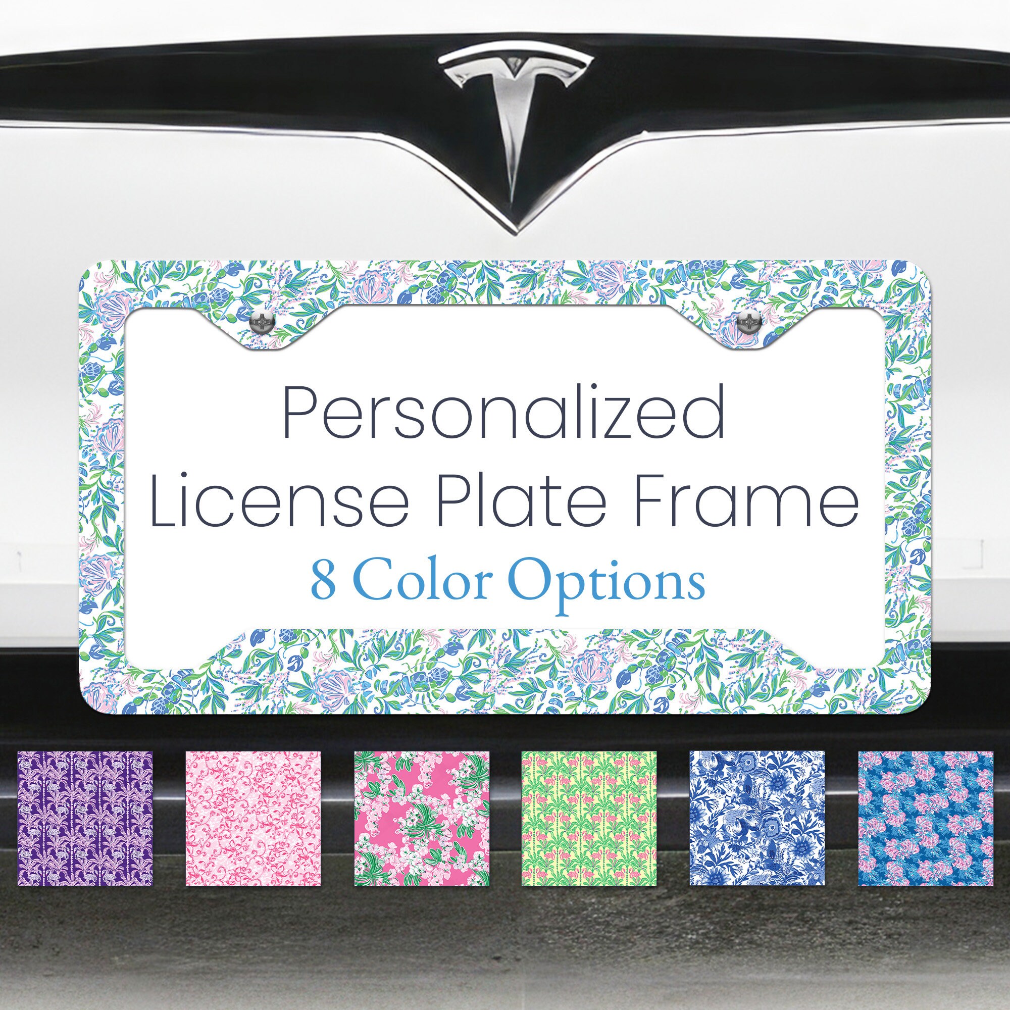 Blue License Plate Frame for women cute custom vehicle tag holder monogram car plate frame gift cute preppy lobster pink sea shell palm tree