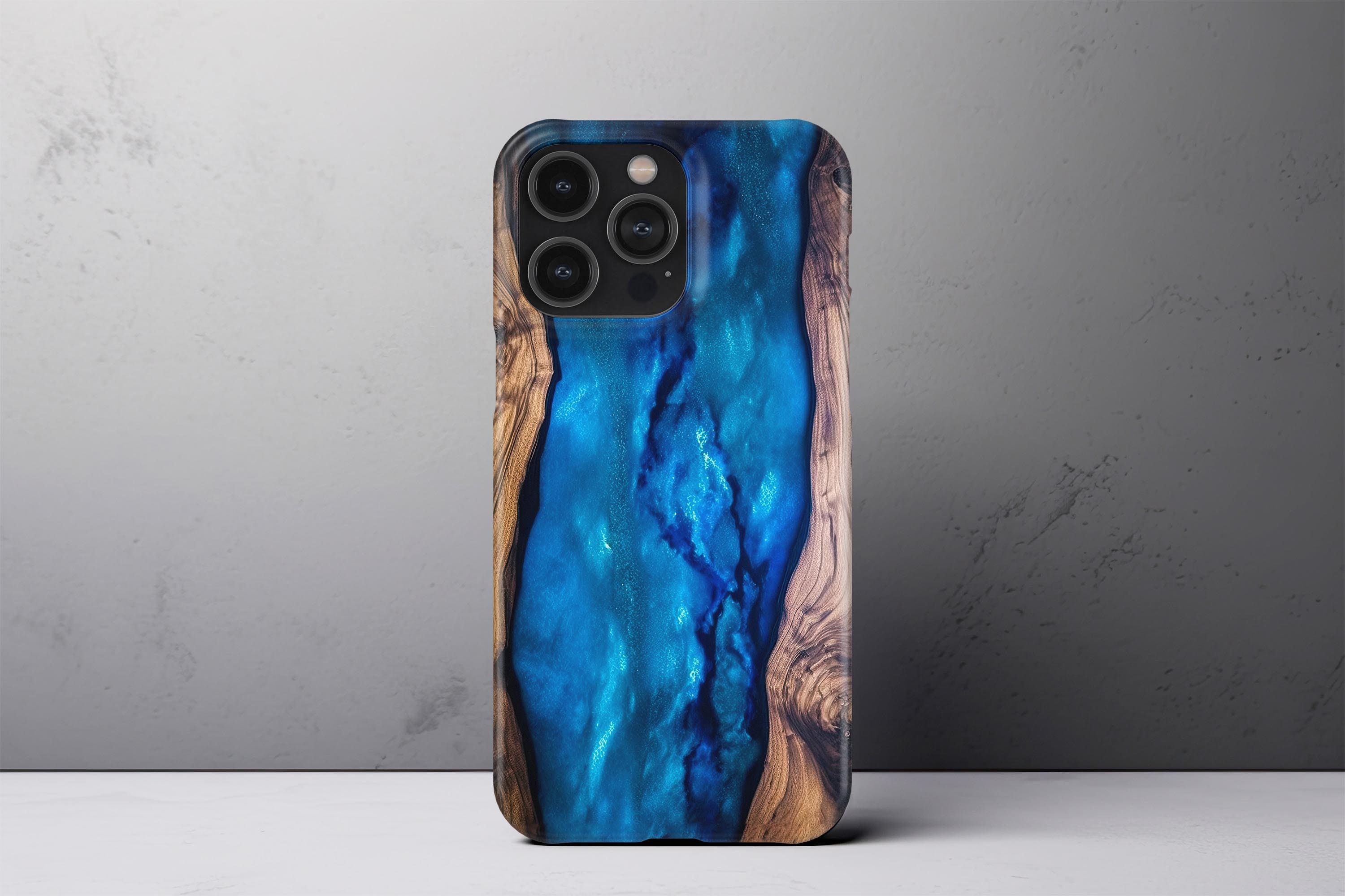 Walnut Wood Resin iPhone Case Blue Wood Art Phone Case for iPhone 14 13