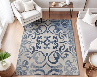 Blue Area Rug ornate geometric carpet beige baroque style decorative runner throw rug door mat bedroom rug home decor for living room 5x7