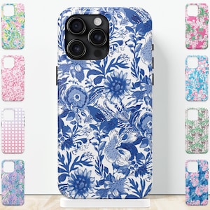 Blue iPhone Case cute preppy painted floral pattern custom name monogram fashion phone case for iPhone 15 pro max 14 13 12 11 Samsung S24