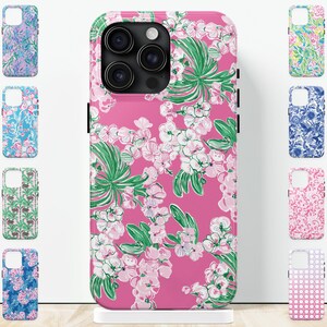 Pink iPhone Case cute green white flower blossom preppy painted fashion floral print phone case for iPhone 15 pro max 14 13 12 11 Samsung