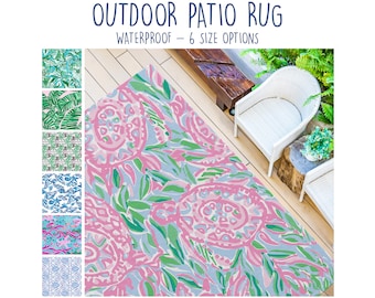 Pink Turtles Waterproof Rug outdoor patio carpet for deck cute tropical palm trees flamingos blue white sea shells starfish teal flowers