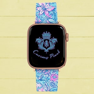 Cute Custom Watch Band for Apple Watch preppy blue pink tropical lilly flower band rose gold or silver multiple sizes 38mm to 44mm