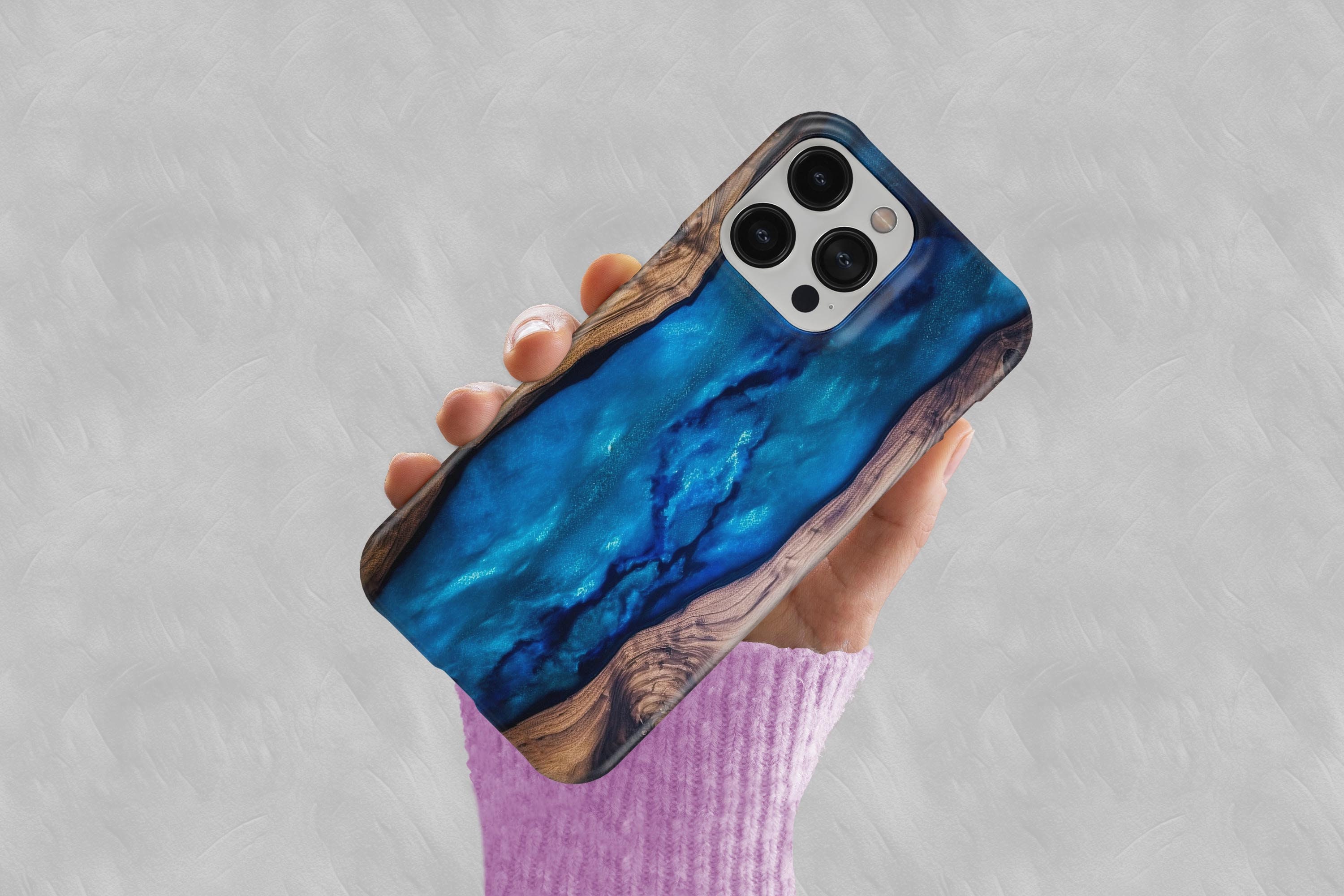 Walnut Wood Resin iPhone Case Blue Wood Art Phone Case for iPhone 14 13