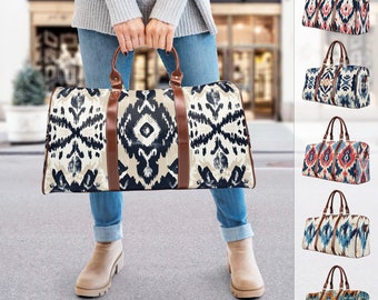 Custom Travel Bag for weekend trip south western ikat overnight duffle bag personalized canvas weekender tote for her carry on bag luggage