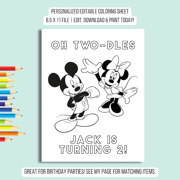 Oh Twodles 2nd Birthday Mickey Mouse Theme Coloring Sheet Party Activity, Minnie Mouse Personalized Editable Party Favor
