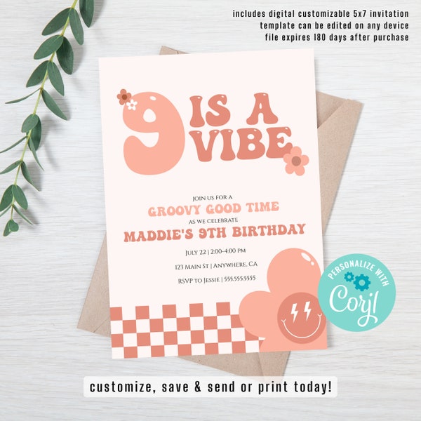 ANY AGE Is a Vibe Groovy Retro Girl Birthday Party Invitation -  Good Vibes 60's 70's Boho Editable Digital Download Invite - Corjl