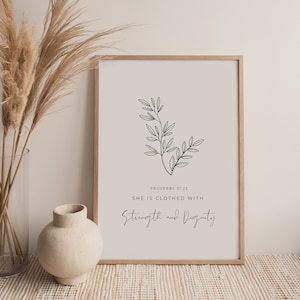 Peut inclure: Un dessin au trait noir et blanc d'une branche feuillue avec le texte "Proverbes 31:25 Elle est vêtue de force et de dignité" sur un fond beige.