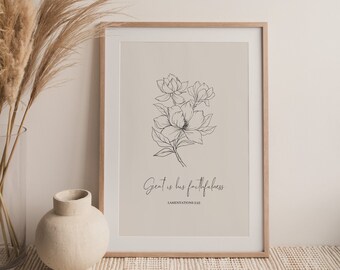 Lamentations 3:23, Great is his Faithfulness, Bible Verse Printable, Scripture Wall Art, Minimalistic, Floral, Christian Wall Art, Farmhouse
