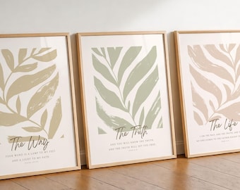 Set of 3 Christian Scripture Prints, Modern Bible Verse Wall Art (Digital Download)