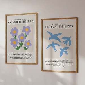 2er Set Bibel Vers druckbare Wandkunst, betrachten die Lilien, Blick auf die Vögel, moderne Boho Wandkunst, christlich druckbar, Schriftdruck