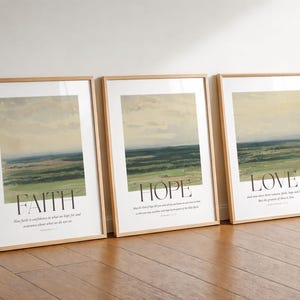 Christian Wall Art Set of 3, Faith Hope Love, Bible Verse Printable Set of 3, Scripture Print, Christian Landscape Wall Art, Biblical Poster